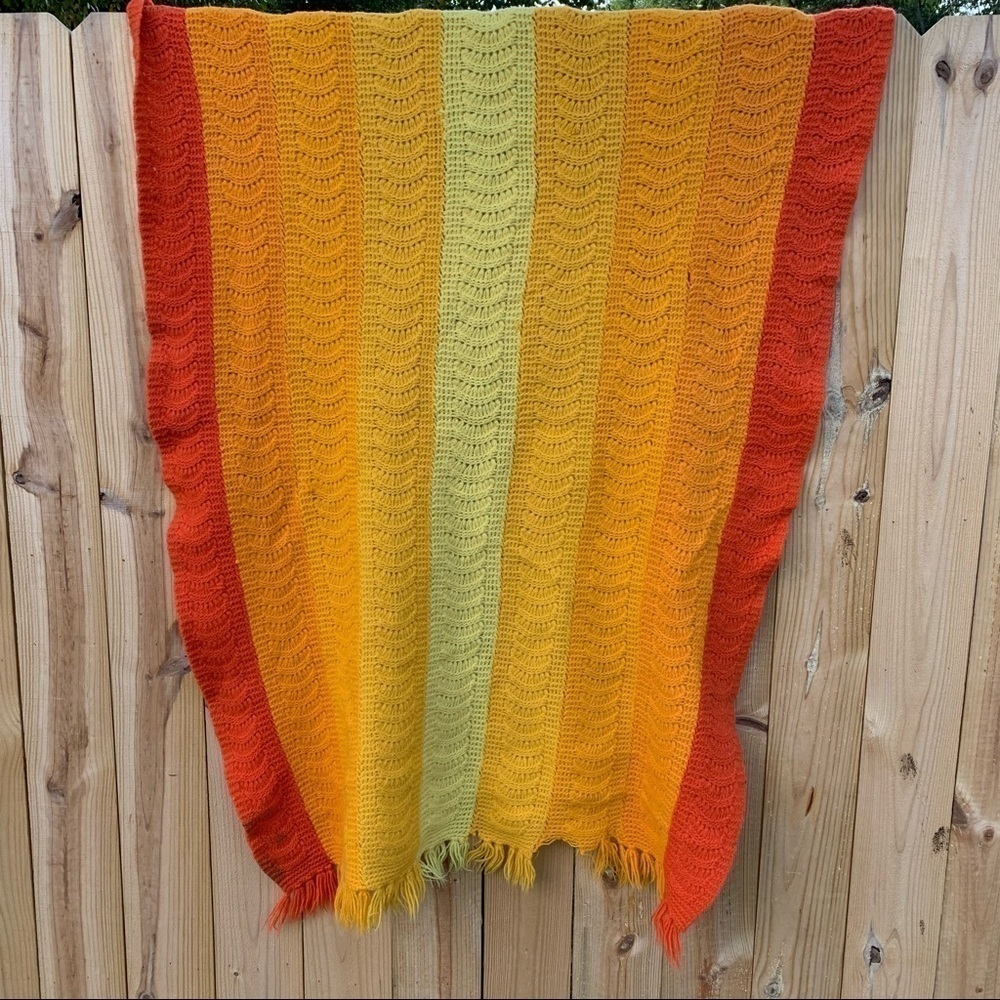 Vintage Afghan Crochet Throw Blanket Orange Yellow Cabin Vibes